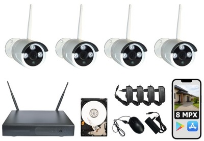 4 ZEWNĘTRZNE KAMERY bezprzewodowe WiFi ZESTAW DO MONITORINGU 8 MPX dysk 2T