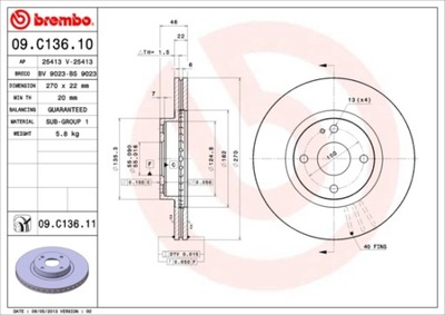 DISCOS DE FRENADO PARTE DELANTERA BREMBO 09.C136.11 09C13611  