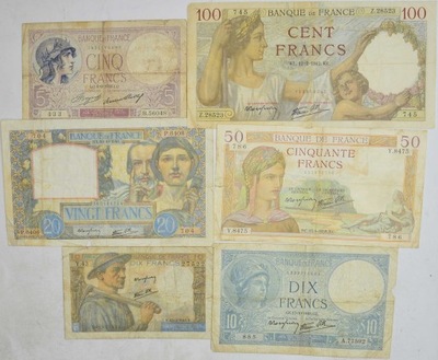 9.aj.Zest.Francja, Banknoty szt.6, St.3/4+