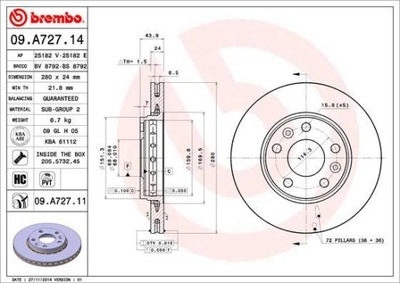 BREMBO 09.A727.14 ДИСК ТОРМОЗНОЙ (1 ШТУКА)