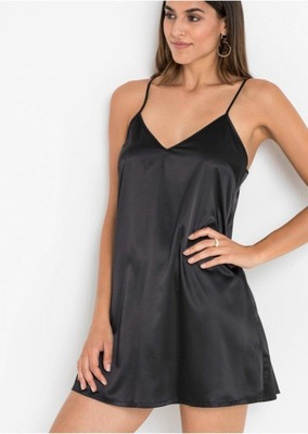 1I2E27 BONPRIX KOSZULKA NOCNA CZARNA SATYNOWA 40/42