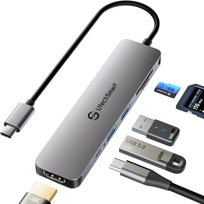 uTechSmart Adapter 6W1 USB C 4K HDMI 2 x USB 3.0 PD 100W czytnik kart SD/TF