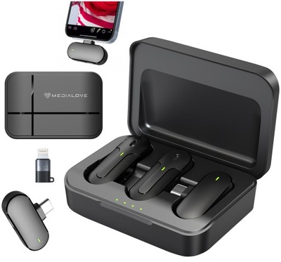 2X MIKROFON BEZPRZEWODOWY KRAWATOWY IPHONE ANDROID USB C Z ETUI ŁADUJĄCY