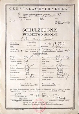 ŚWIADECTWO/SCHULZEUGNIS WARSZAWA 1941 GG