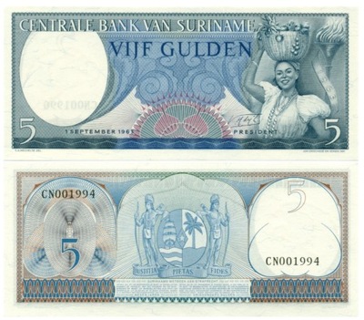 SURINAM 5 GULDENÓW 1963 P-120b UNC