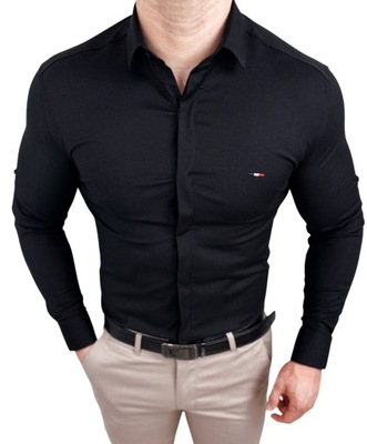 Czarna koszula meska slim fit z zakryta plisa XXL