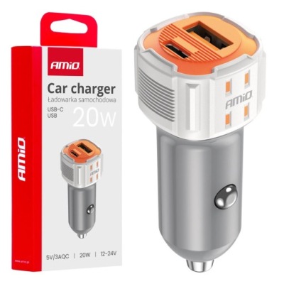 Ładowarka samochodowa USB-A+ USB-C 20W 12-24V DC AMIO