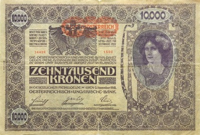 Austria BANKNOT 10000 Koron 1918 - NADRUK POZIOMO