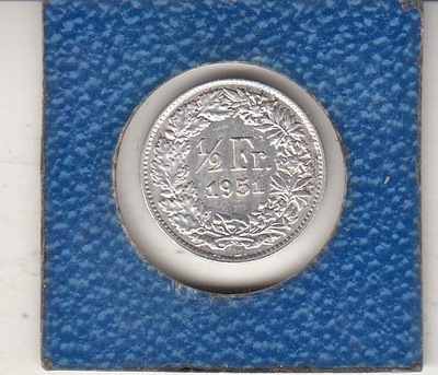Szwajcaria 1/2 frank 1951 srebro