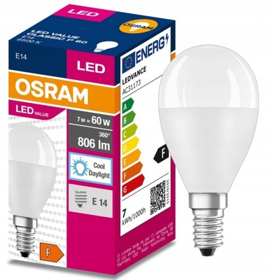 Osram kulka LED VALUE 7W = 60W 6500K E14