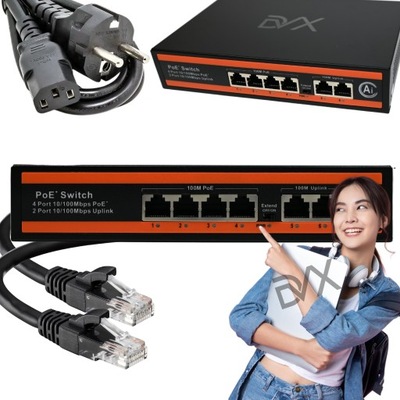 SWITCH POE 4+2 4X POE 2X UPLINK 10/100MBPS DO KAMER EXTEND 65W WATCHDOG