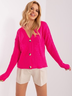 Fluo różowy sweter rozpinany z dekoltem V