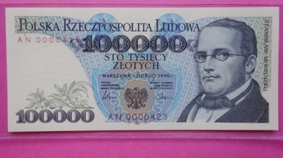 100000 zł 1990 AN nr 0000423,UNC ,NISKI NR