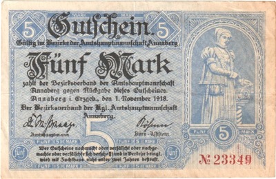 Niemcy, Annaberg Amtshauptmannschaft, 5 Mark, 1918