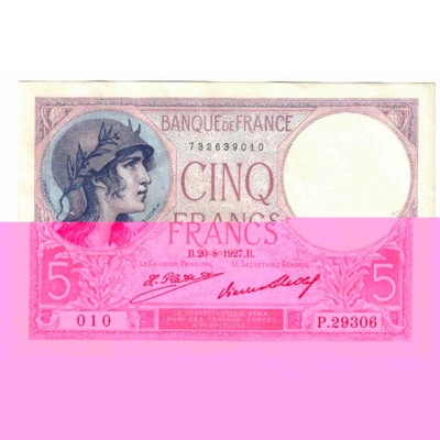 Francja, 5 Francs, Violet, 1927, P.29306, UNC(60-6