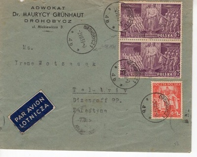 List lotniczy z Deohobycza do Tel-Avivu z 1939r, ciekawe kasowniki.