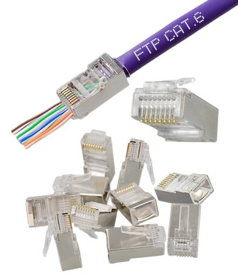 WTYKI RJ45 KAT.6 PRZELOTOWE EKRANOWANE STP FTP PASS-THROUGH POZŁACANE 10szt