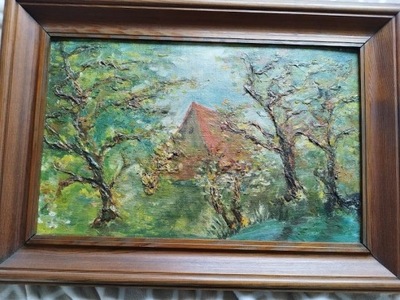 Duży OLEJ na dykcie PEJZAŻ 63 cm x 44 cm