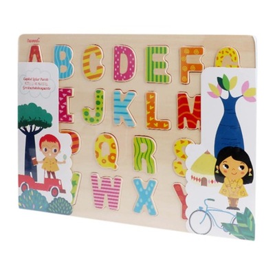 Drewniane puzzle kolorowe litery alfabet Montessor