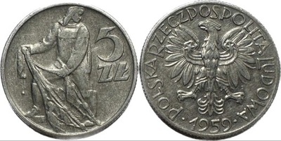 Moneta 5 zł złotych Rybak 1959 r piękna