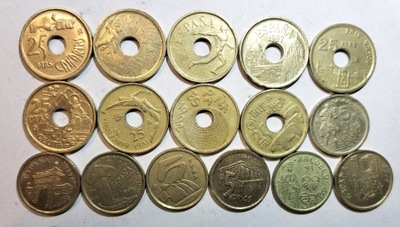 Zestaw monet Hiszpania 16 szt. okolicznościowe 25 5 pesetas każda inna