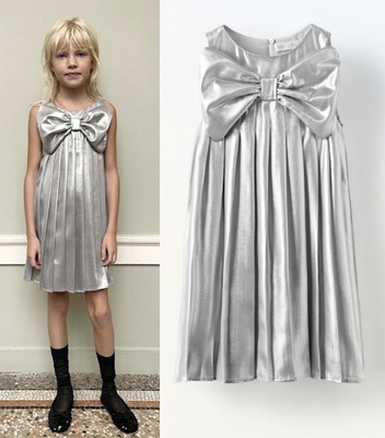 ZARA srebrna sukienka o kroju balloon z kokardą