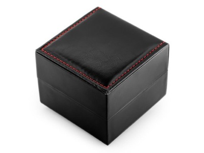 Prezentowe pudełko na zegarek - eko czarne przeszywane czerwoną nicią połys