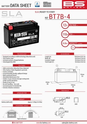 BS BATERÍA BT7B-4 (FA) (YT7B4) 12V 6,5AH 148X64X90 BEZOBSLUGOWY - ZALANY  