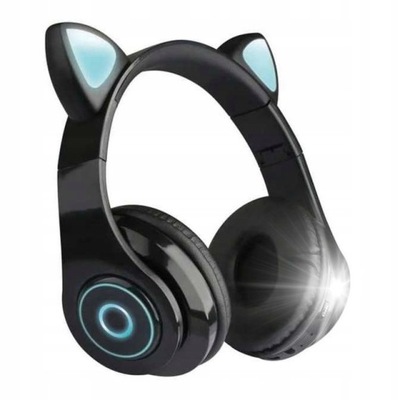 SŁUCHAWKI BEZPRZEWODOWE KOCIE USZY LED DLA DZIECI CZARNE