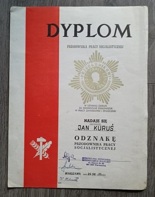 Dyplom Przodownika Pracy Socjalistycznej - Warszawa 1977
