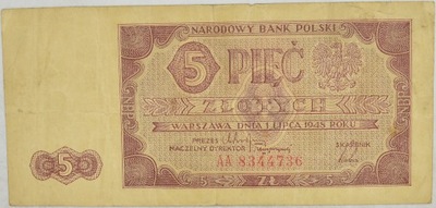 11.aj.PRL, 5 Złotych 1948 AA, M.135.b, St.3+
