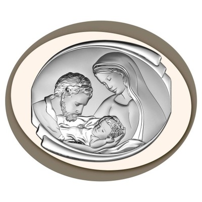 Obraz Świętej Rodziny srebrny nowoczesny owalny w oprawie 17x14.2 cm