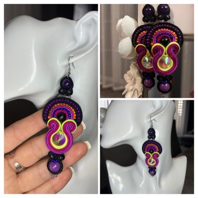 Kolczyki SUTASZ soutache rękodzieło handmade kolorowe ametysty