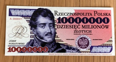 Banknot NIEOBIEGOWY 10000000 zł Józef Poniatowski