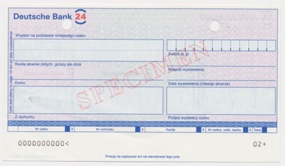 3945. Czek SPECIMEN Deutsche Bank 24