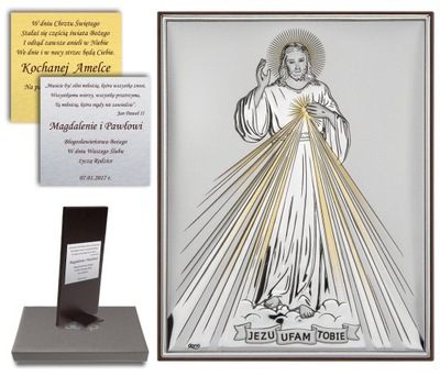 Obraz Jezusa Miłosiernego Srebrny Obrazek na Bierzmowanie Komunię + Grawer