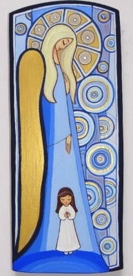 Anioł Dziewczynki obraz na drewnie CHRZEST Komunia OD AUTORA + DEDYKACJA
