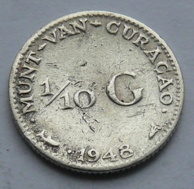 CURACAO - 1/10 GULDENA - 1948 r. WILHELMINA - Ag