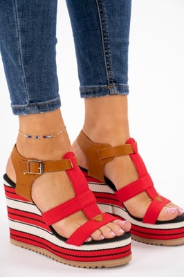 Czerwone sandały na koturnie damskie Lekkie 40