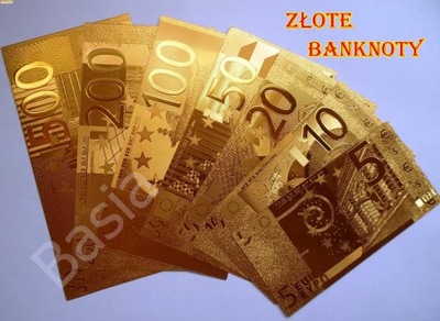 NOWE ZŁOTE BANKNOTY 7 sztuk 5 10 20-50 100-200 500 EURO Wzór Oryginał