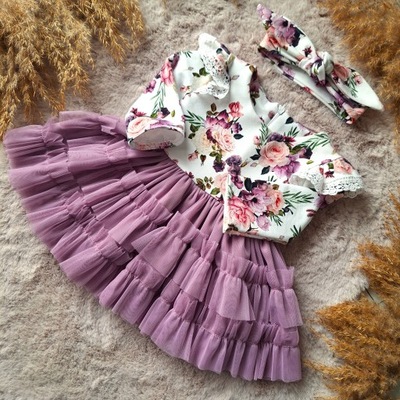 Sukienka dla dziewczynki tiulowa kwiaty falbanki roczek wesele fioletowa 68