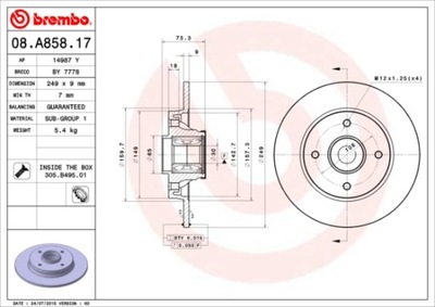 ДИСКИ ТОРМОЗНЫЕ ТОРМОЗНЫЕ ЗАД BREMBO 08.A858.17 08A85817