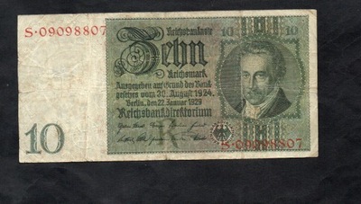 BANKNOT NIEMCY - 10 reichsmark 1924 / 1929 rok, seria S