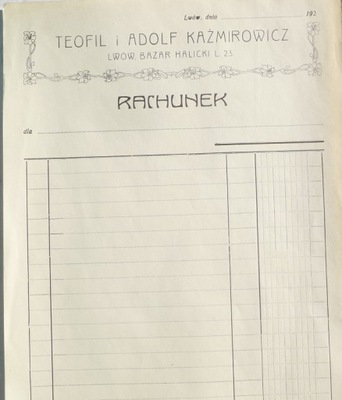 TEOFIL I ADOLF KAŹMIROWICZ LWÓW – formularz rachunku przed 1939
