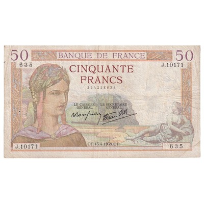 Francja, 50 Francs, Cérès, 1939, J.10171, VF(20-25