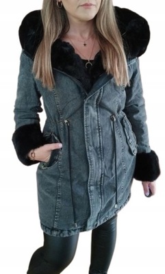 482 Kurtka parka jeansowa z futerkiem XS czarna