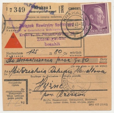 GG - Skart Paketkarte Kraków 1/4 1943. (828)