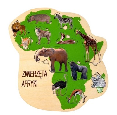 Zwierzęta Afryki, drewniana układanka o zwierzętach, drewniane kontynenty