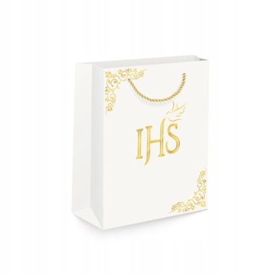 Torebka na prezent Komunia Święta średnie białe Prezentowa IHS biało złota