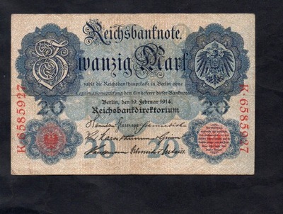 BANKNOT NIEMCY -- 20 marek -- 1914 rok , ser K